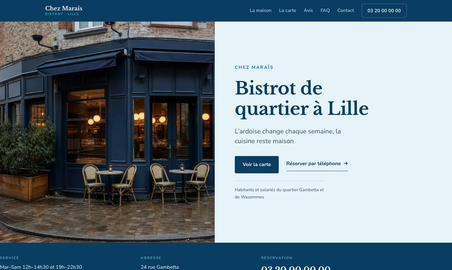 Haut de page du site Chez Maraîs : façade du bistrot à gauche, titre et carte à droite