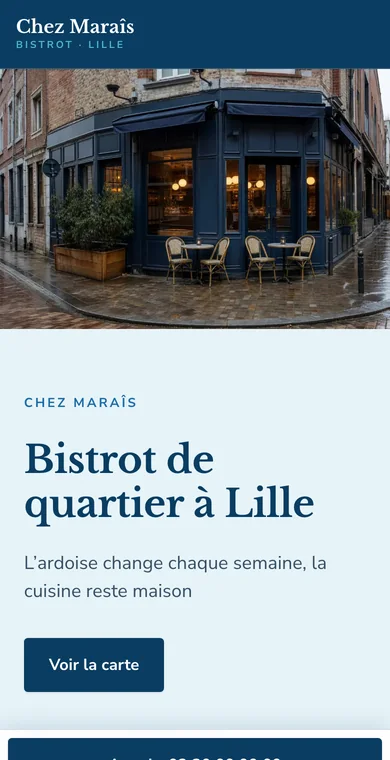 Le même site sur téléphone, avec le bouton d’appel pour réserver