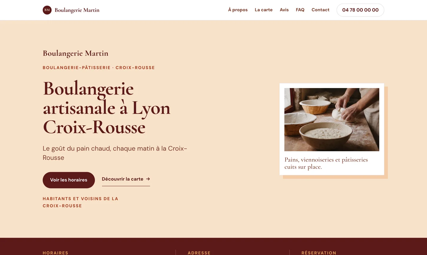 Haut de page du site Boulangerie Martin : photo de façade, horaires et adresse sous le titre