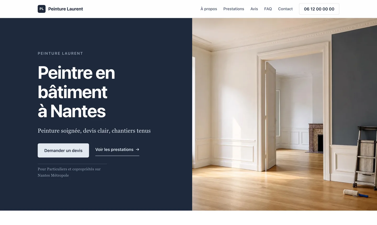 Haut de page du site Peinture Laurent : bloc de couleur sombre, titre métier et ville, photo de chantier